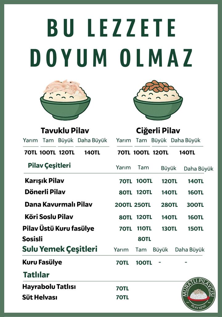Muratlı Pilavcısı yiyecek menüsü, tavuklu pilav ve pilav çeşitleri
